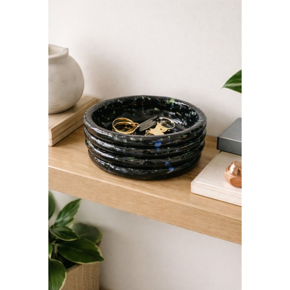 Handmade Studio Pottery Bowl – Black Abstract Splatter Glaze Ceramic Catchall, M